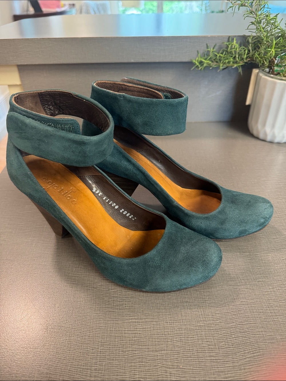 COCLICO Dark Teal Suede Ankle-Strap Pumps 36.5